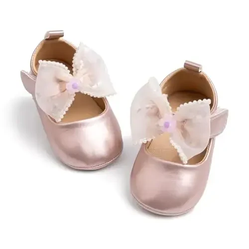 Miamooi Infant Baby Girls Wedding Dress Shoes Bow Ballet Princess Mary Jane Flats Toddler First Walkers Sneaker Newborn Crib Baptism Shoes - 1