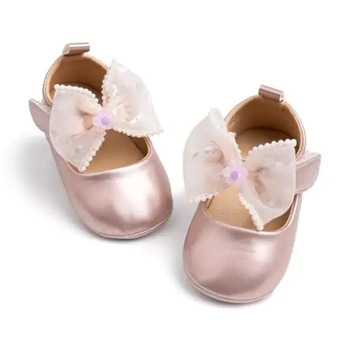Miamooi Infant Baby Girls Wedding Dress Shoes Bow Ballet Princess Mary Jane Flats Toddler First Walkers Sneaker Newborn Crib Baptism Shoes - 1