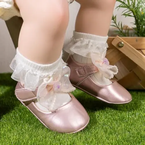 Miamooi Infant Baby Girls Wedding Dress Shoes Bow Ballet Princess Mary Jane Flats Toddler First Walkers Sneaker Newborn Crib Baptism Shoes - 3