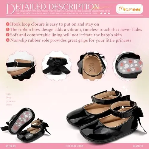 Miamooi Infant Baby Girls Wedding Dress Shoes Bow Ballet Princess Mary Jane Flats Toddler First Walkers Sneaker Newborn Crib Baptism Shoes - 5