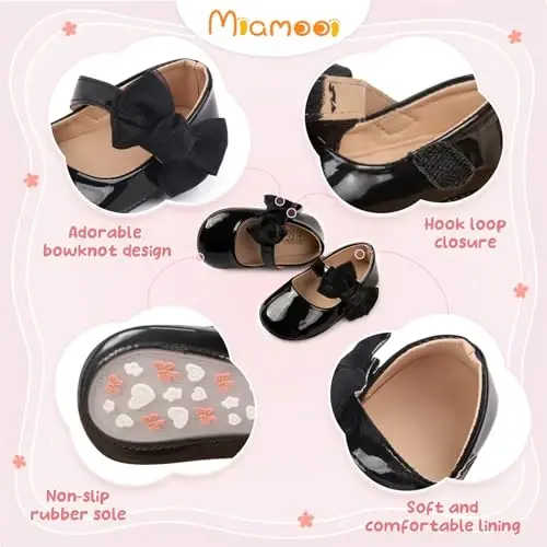 Miamooi Infant Baby Girls Wedding Dress Shoes Bow Ballet Princess Mary Jane Flats Toddler First Walkers Sneaker Newborn Crib Baptism Shoes - 3