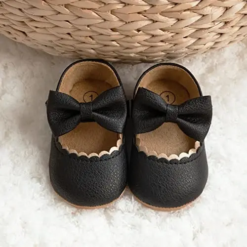 Miamooi Infant Baby Girls Wedding Dress Shoes Bow Ballet Princess Mary Jane Flats Toddler First Walkers Sneaker Newborn Crib Baptism Shoes - 6