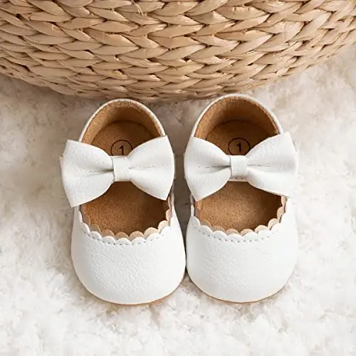 Miamooi Infant Baby Girls Wedding Dress Shoes Bow Ballet Princess Mary Jane Flats Toddler First Walkers Sneaker Newborn Crib Baptism Shoes - 6