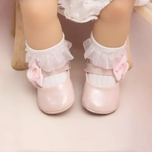 Miamooi Infant Baby Girls Wedding Dress Shoes Bow Ballet Princess Mary Jane Flats Toddler First Walkers Sneaker Newborn Crib Baptism Shoes - 5