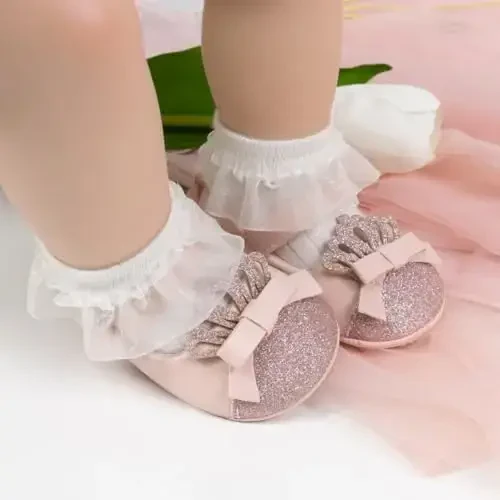 Miamooi Infant Baby Girls To'y Ko'ylagi Poyafzallari Bow Balet Princess Mary Jane Flats Toddler Birinchi Walkers Sneaker Yangi tug'ilgan Crib Cho'qintirish Poyafzallari - 3
