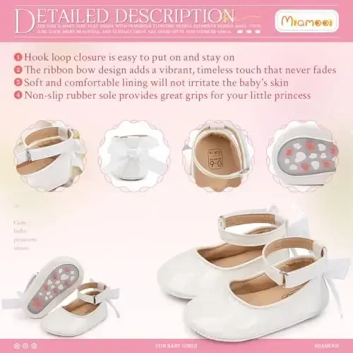 Miamooi Infant Baby Girls Wedding Dress Shoes Bow Ballet Princess Mary Jane Flats Toddler First Walkers Sneaker Newborn Crib Baptism Shoes - 5