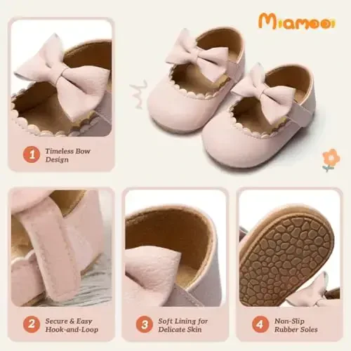 Miamooi Infant Baby Girls Wedding Dress Shoes Bow Ballet Princess Mary Jane Flats Toddler First Walkers Sneaker Newborn Crib Baptism Shoes - 1