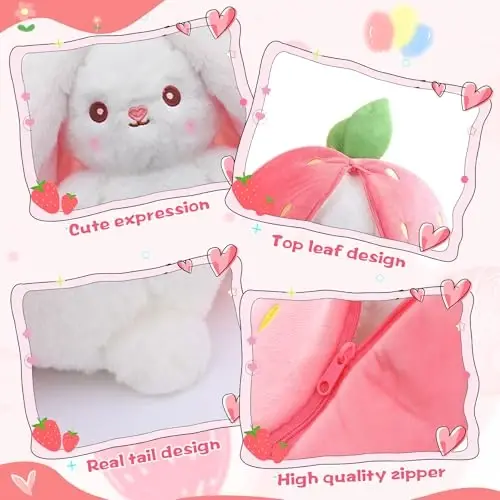 MIAODAM 13.7inch Large Easter Bunny Stuffed Animal, Kawaii Squishy Cute Easter Bunny Plush Turn Into Rabbit Fruit Doll Carrot Strawberry Pillow, Plushies Funny Bunny Toy for Baby Gifts for Girlfriend - 4