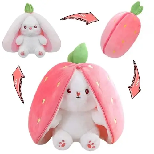 MIAODAM 13.7inch Large Easter Bunny Stuffed Animal, Kawaii Squishy Cute Easter Bunny Plush Turn Into Rabbit Fruit Doll Carrot Strawberry Pillow, Plushies Funny Bunny Toy for Baby Gifts for Girlfriend - 5