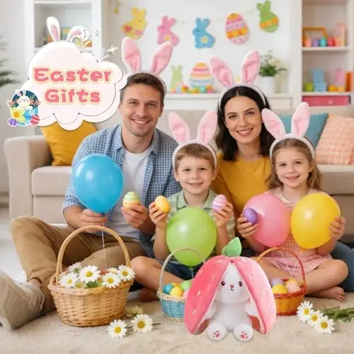 MIAODAM 13.7in Large Easter Bunny Stuffed Animal, Kawaii Squishy Cute Easter Bunny Plush Turn Into Rabbit Fruit Doll Strawberry Pillow, Christmas Plushies Funny Bunny Toy for Baby Gift for Girlfriend - MIAODAM