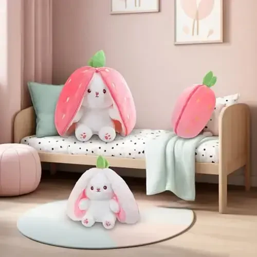 MIAODAM Bunny Stuffed Animal Reversible Cuddle Bunny Stuffed,Strawberry Bunny Transformed Rabbit Plush Zipper,Carrot That Turns Into Ears Bunnies Plushies Toy Cute Stuffy Doll Easter Girlfriend Gift - 5