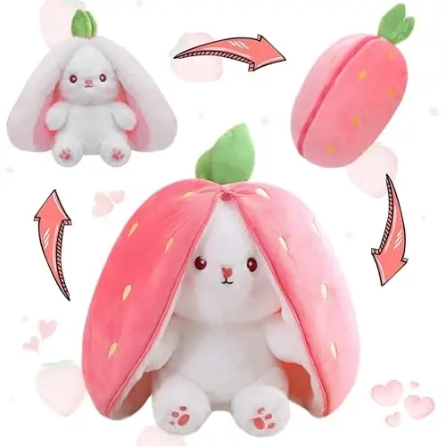 MIAODAM Bunny Stuffed Animal Reversible Cuddle Bunny Stuffed,Strawberry Bunny Transformed Rabbit Plush Zipper,Carrot That Turns Into Ears Bunnies Plushies Toy Cute Stuffy Doll Easter Girlfriend Gift - MIAODAM