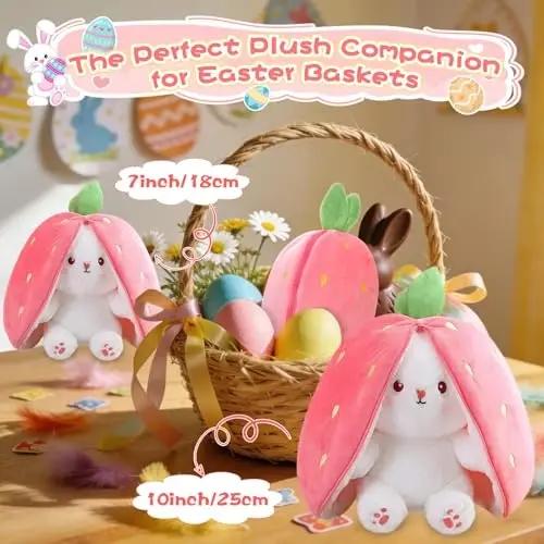 MIAODAM Bunny Stuffed Animal Reversible Cuddle Bunny Stuffed,Strawberry Bunny Transformed Rabbit Plush Zipper,Carrot That Turns Into Ears Bunnies Plushies Toy Cute Stuffy Doll Easter Girlfriend Gift - 2