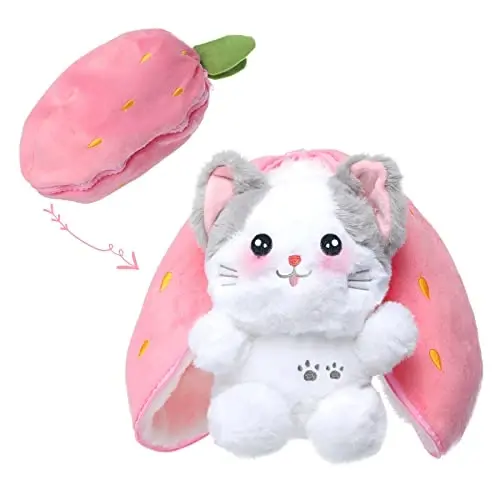 MIAODAM Cat Plush Stuffed Animals, Cute Reversible Strawberry Turn Into Cat Zip Plush, Funny Plushies Toy in A Strawberry Stuffie for Baby & Girlfriend Gift (7.8inch) - 2