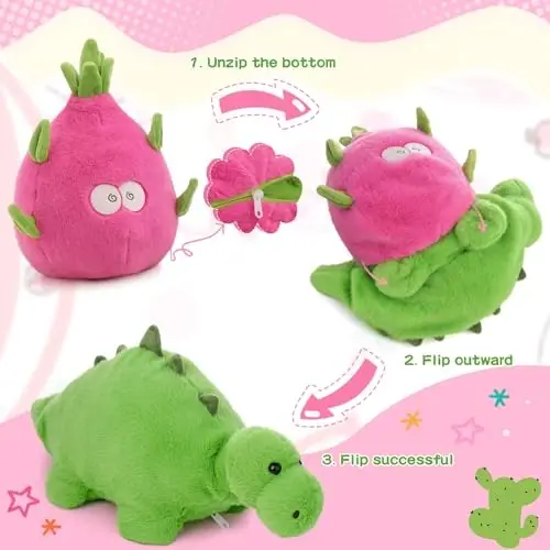 MIAODAM Reversible Dragon Fruit Dinosaur Plush Toys, Zip Flip Stuffed Animals, Cute Dinosaur Plushie in A Dragon Fruit, for Baby, Boys & Girls (30cm/11.8in) - 2