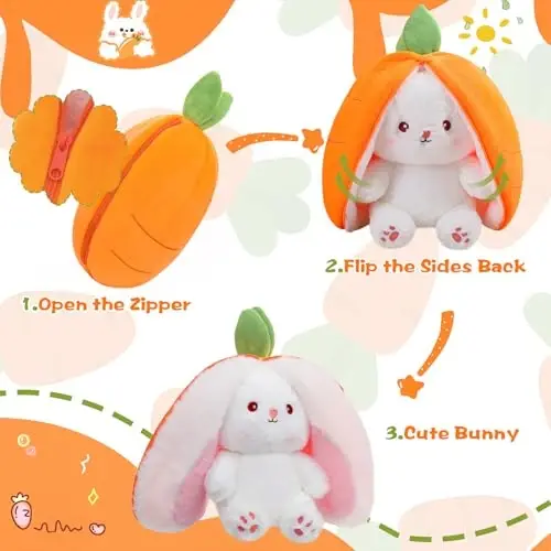 MIAODAM Reversible Carrot Bunny Stuffed Animal, Carrot Rabbit Ears Zip Plush Stuffed, Fruit Bunny Plush, Fluffy Rabbit Plushies Funny Hide Seek Bunny Toy for Girls Gifts Girlfriend - MIAODAM (1)