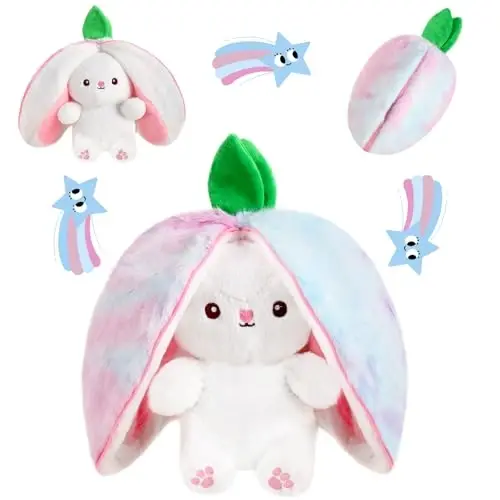 MIAODAM Strawberry Bunny Stuffed Animal, Cute Reversible Plush Strawberry to Rabbit Doll, Funny Bunny Toy for Babies and Children (7 Inch) - 1