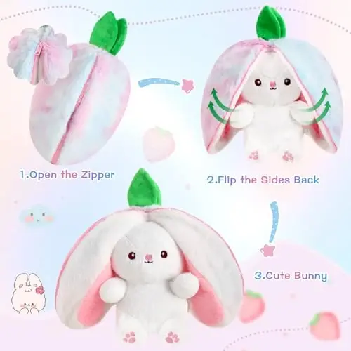 MIAODAM Strawberry Bunny Stuffed Animal, Cute Reversible Plush Strawberry to Rabbit Doll, Funny Bunny Toy for Babies and Children (7 Inch) - 2