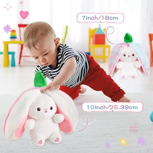 MIAODAM Strawberry Bunny Stuffed Animal, Cute Reversible Plush Strawberry to Rabbit Doll, Funny Bunny Toy for Babies and Children (7 Inch) - 3