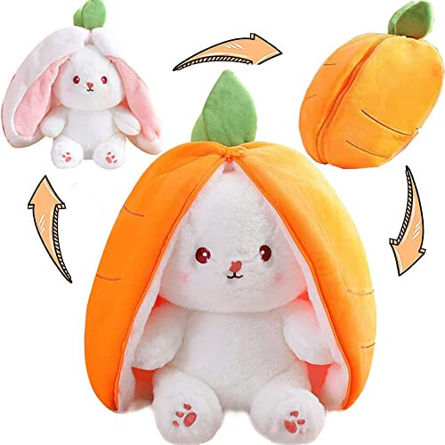 MIAODAM Cuddly Bunny Stuffed Animal, Kawaii Squishy Cute Easter Bunny Plush Turn Into Rabbit Fruit Doll Carrot Strawberry Pillow, Plushies Funny Bunny Toy for Baby (Carrot Rabbit, 10inch) - 7