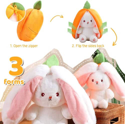 MIAODAM Cuddly Bunny Stuffed Animal, Kawaii Squishy Cute Easter Bunny Plush Turn Into Rabbit Fruit Doll Carrot Strawberry Pillow, Plushies Funny Bunny Toy for Baby (Carrot Rabbit, 10inch) - 8