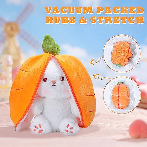 MIAODAM Cuddly Bunny Stuffed Animal, Kawaii Squishy Cute Easter Bunny Plush Turn Into Rabbit Fruit Doll Carrot Strawberry Pillow, Plushies Funny Bunny Toy for Baby (Carrot Rabbit, 10inch) - 9