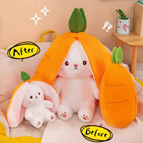 MIAODAM Cuddly Bunny Stuffed Animal, Kawaii Squishy Cute Easter Bunny Plush Turn Into Rabbit Fruit Doll Carrot Strawberry Pillow, Plushies Funny Bunny Toy for Baby (Carrot Rabbit, 10inch) - 11