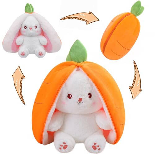 MIAODAM Cuddly Bunny Stuffed Animal, Kawaii Squishy Cute Easter Bunny Plush Turn Into Rabbit Fruit Doll Carrot Strawberry Pillow, Plushies Funny Bunny Toy for Baby (Carrot Rabbit, 10inch) - 1