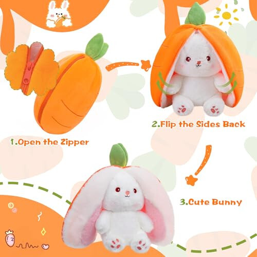 MIAODAM Cuddly Bunny Stuffed Animal, Kawaii Squishy Cute Easter Bunny Plush Turn Into Rabbit Fruit Doll Carrot Strawberry Pillow, Plushies Funny Bunny Toy for Baby (Carrot Rabbit, 10inch) - 2