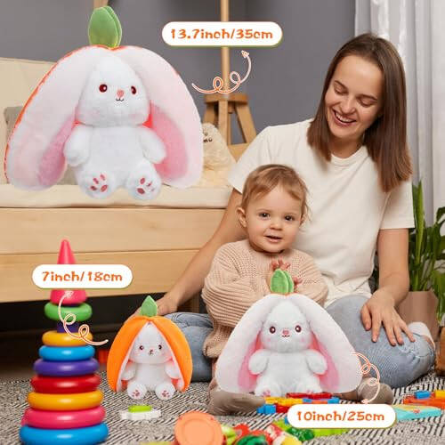 MIAODAM Cuddly Bunny Stuffed Animal, Kawaii Squishy Cute Easter Bunny Plush Turn Into Rabbit Fruit Doll Carrot Strawberry Pillow, Plushies Funny Bunny Toy for Baby (Carrot Rabbit, 10inch) - 3