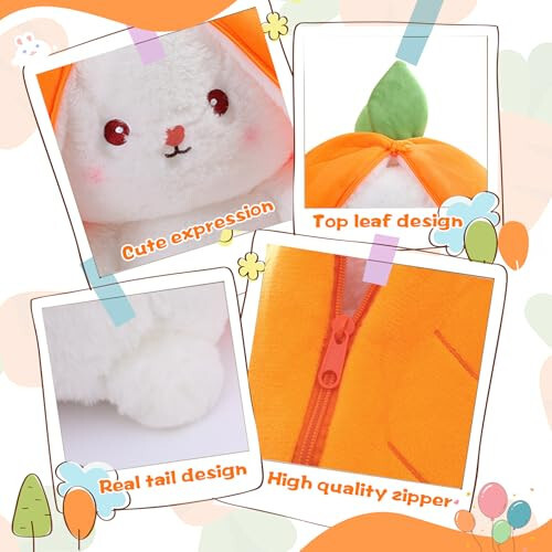 MIAODAM Cuddly Bunny Stuffed Animal, Kawaii Squishy Cute Easter Bunny Plush Turn Into Rabbit Fruit Doll Carrot Strawberry Pillow, Plushies Funny Bunny Toy for Baby (Carrot Rabbit, 10inch) - 5