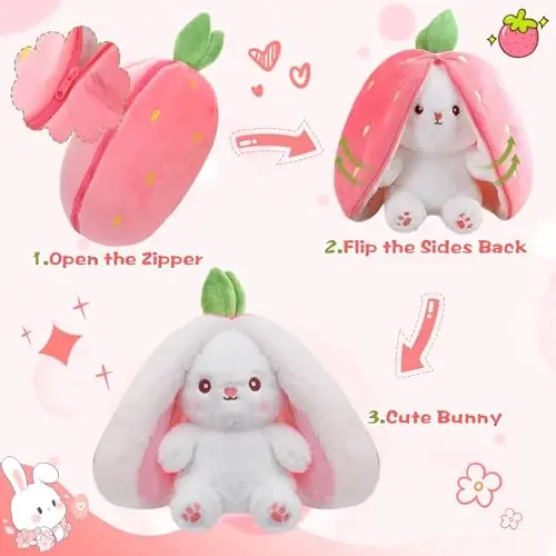 MIAODAM Easter Bunny Stuffed Animal, Carrot and Strawberry Bunny Plush Turn Into Rabbit Fruit Doll, Plushies Funny Bunny Toy for Baby (Strawberry Rabbit, 10inch) - 2