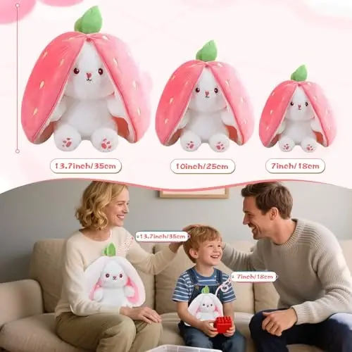MIAODAM Easter Bunny Stuffed Animal, Carrot and Strawberry Bunny Plush Turn Into Rabbit Fruit Doll, Plushies Funny Bunny Toy for Baby (Strawberry Rabbit, 10inch) - 3