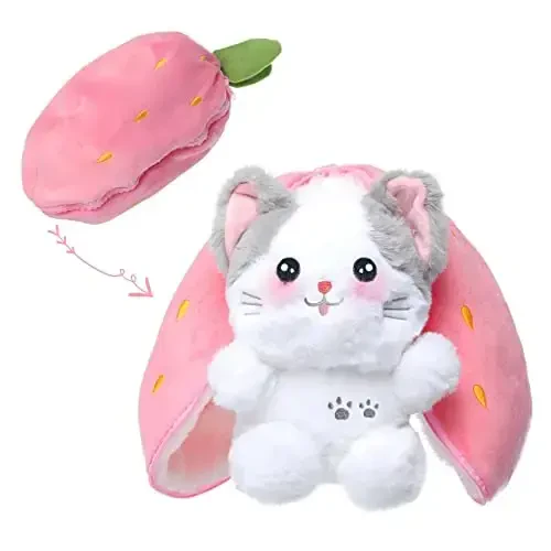MIAODAM Easter Cat Toys, Stuffed Cat Plush, Kawaii Squishy Cute Strawberry Turn Into Cat Plush, Funny Plushies Toy for Baby & Adult (Strawberry Cat, 11.8inch) 