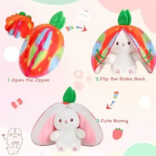 MIAODAM Rainbow Strawberry Bunny Stuffed Animal, Rainbow and Strawberry Bunny Plush Turn Into Rabbit Fruit Doll, Plushie Cute Bunny Toy for Baby (7 inch) - 2