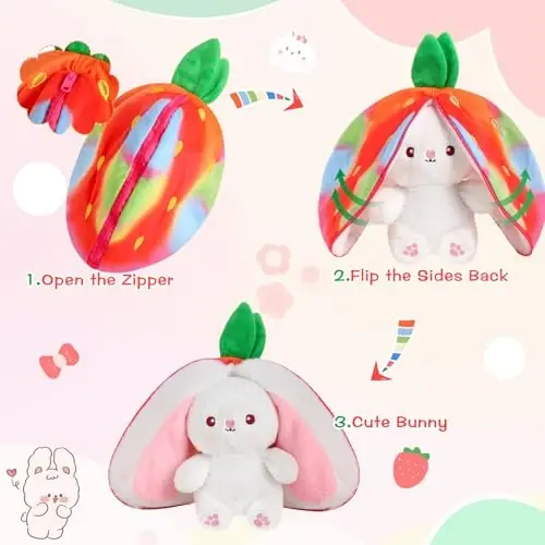 MIAODAM Rainbow Strawberry Bunny Stuffed Animal, Rainbow and Strawberry Bunny Plush Turn Into Rabbit Fruit Doll, Plushie Cute Bunny Toy for Baby (7 inch) - 3