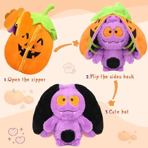 MIAODAM Halloween Bat Stuffed Animal, 11inch Reversible Halloween Pumpkin Bat Plush Pillow, Cute Plushies Toy Gift for Baby Toddler Girls Boys - 4