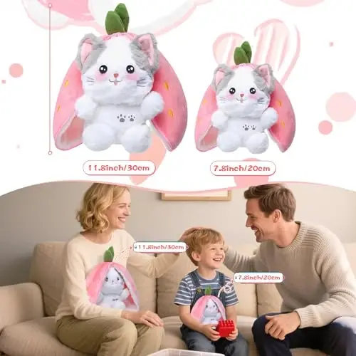 MIAODAM Cat Plush Stuffed Animals, Cute Reversible Strawberry Turn Into Cat Zip Plush, Funny Plushies Toy in A Strawberry Stuffie for Baby & Girlfriend Gift (7.8inch) - 3