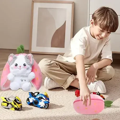 MIAODAM Mushuk Peluş O'yinchoqlar, Yoqimli Qulupnay Mushukka Aylanadigan Fermuarli Peluş, Qiziqarli Peluş O'yinchoqlar Chaqaloq va Qiz Do'sti uchun Qulupnay O'yinchoq Ichida Sovg'a (7.8 dyuym) - 6