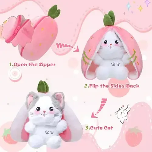 MIAODAM Easter Cat Toys, Stuffed Cat Plush, Kawaii Squishy Cute Strawberry Turn Into Cat Plush, Funny Plushies Toy for Baby & Adult (Strawberry Cat, 11.8inch) - 2