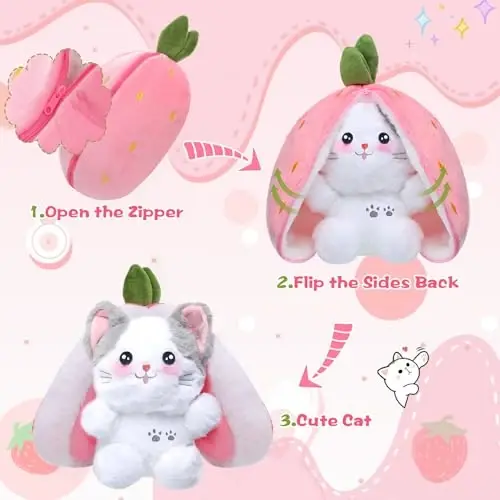 MIAODAM Pasxa mushuk o'yinchoqlari, to'ldirilgan mushuk peluş, Kawaii Squishy Cute Strawberry Turn Into Cat Plush, Chaqaloq va kattalar uchun kulgili peluş o'yinchoqlar (Qulupnay mushuk, 11,8 dyuym) - 3