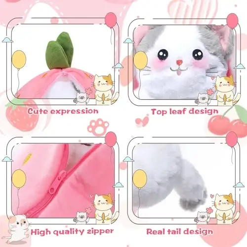 MIAODAM Pasxa mushuk o'yinchoqlari, to'ldirilgan mushuk peluş, Kawaii Squishy Cute Strawberry Turn Into Cat Plush, Chaqaloq va kattalar uchun kulgili peluş o'yinchoqlar (Qulupnay mushuk, 11,8 dyuym) - 4