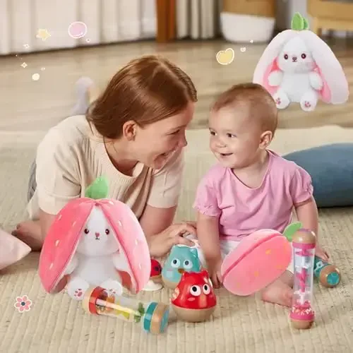 MIAODAM Пасхальный Кролик Мягкая Игрушка, Морковь и Клубника Кролик Плюшевый Превращается в Кролика Фруктовую Куклу, Плюшевая Смешная Игрушка Кролик для Ребенка (Клубничный Кролик, 10 дюймов) - 5