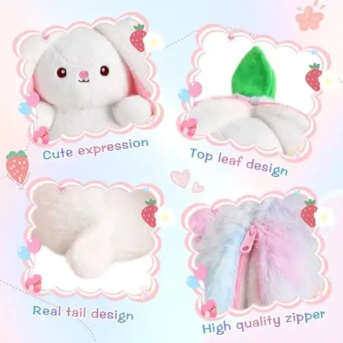 MIAODAM Rainbow Strawberry Bunny o'yinchoq hayvon, Nebula va Strawberry Bunny yumshoq o'yinchoq Quyon meva qo'g'irchoq yostig'iga aylanadi, chaqaloqlar va bolalar uchun yumshoq yoqimli quyon o'yinchoq (10 dyuym) - 4