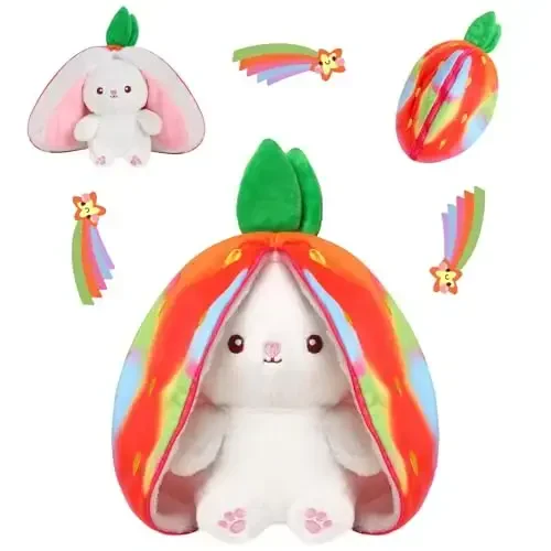 MIAODAM Rainbow Strawberry Bunny o'yinchoq hayvon, Rainbow and Strawberry Bunny Plush Turn Into Rabbit Fruit Doll, Plushie Funny Bunny Toy for Baby (10 dyuym) 