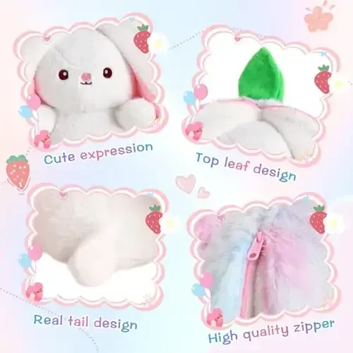 MIAODAM Rainbow Strawberry Bunny Stuffed Animal, Nebula and Strawberry Bunny Plush Turn Into Rabbit Fruit Doll Pillow, Plushie Cute Bunny Toy for Baby and Kids (10 inch) - 4