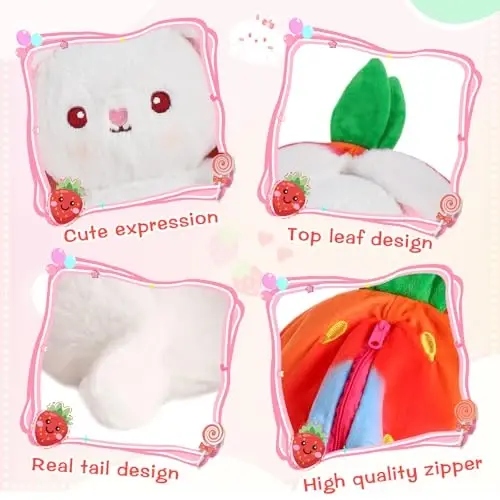 MIAODAM Rainbow Strawberry Bunny Stuffed Animal, Rainbow and Strawberry Bunny Plush Turn Into Rabbit Fruit Doll, Plushie Funny Bunny Toy for Baby (10 inch) - 5