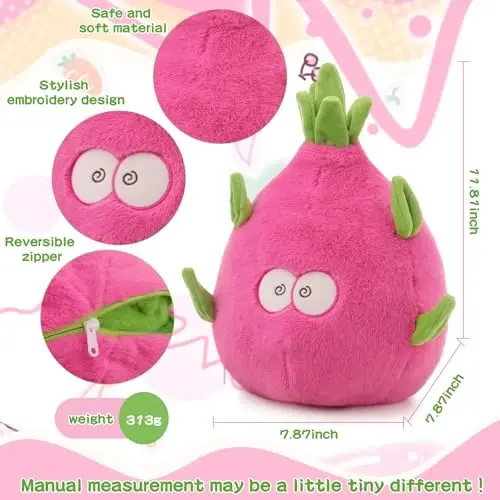 MIAODAM Reversible Dragon Fruit Dinosaur Plush Toys, Zip Flip Stuffed Animals, Cute Dinosaur Plushie in A Dragon Fruit, for Baby, Boys & Girls (30cm/11.8in) - 3