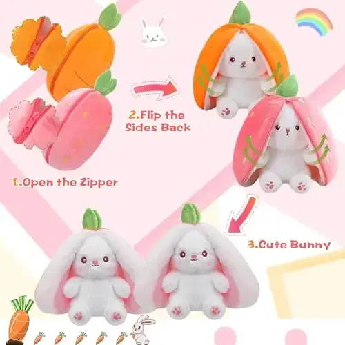 MIAODAM Cuddly Bunny Stuffed Animal, Kawaii Squishy Cute Easter Bunny Plush Turn Into Rabbit Fruit Doll Carrot Strawberry Pillow, Plushies Funny Bunny Toy for Baby - MIAODAM (1)