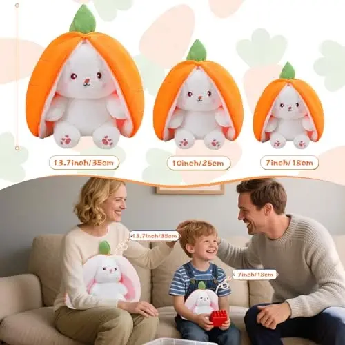 MIAODAM Cuddly Bunny Stuffed Animal, Kawaii Squishy Cute Easter Bunny Plush Turn Into Rabbit Fruit Doll Carrot Strawberry Pillow, Plushies Funny Bunny Toy for Baby (Carrot Rabbit, 10inch) - 6